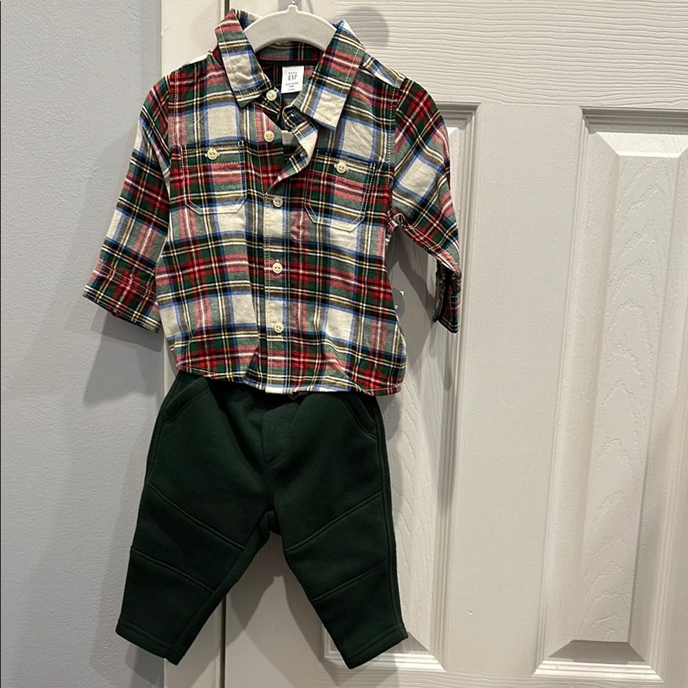 Brand New - NWT BabyGAP plaid Shirt and Green Pants Set